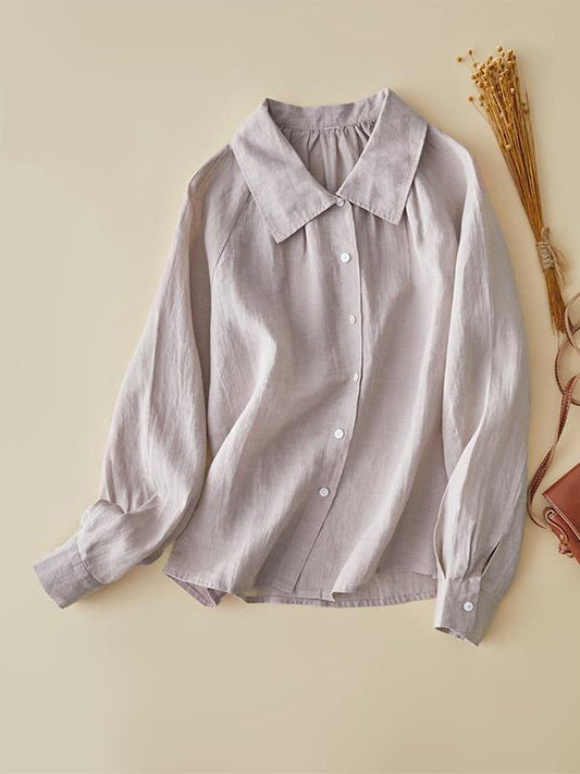 100% Linen Lapel Loose Shirt in One-size in Color