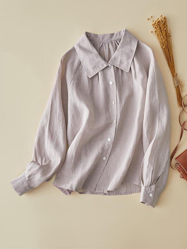 100% Linen Lapel Loose Shirt in One-size in Color