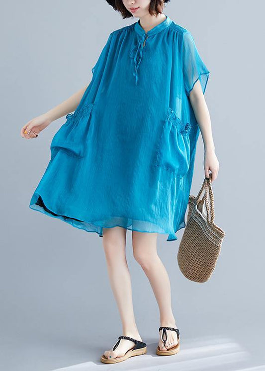 Beach Stand Collar Pockets Chiffon Stylish Fabrics Blue Love Dresses Summer