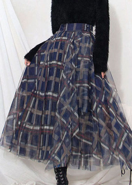 Art Blue Plaid Patchwork Tulle Cirlce Skirt Spring