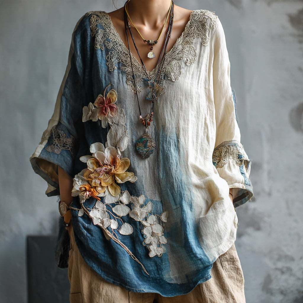 Women's Vintage Oil Painting Floral Art V-neck Shirt elevenforest