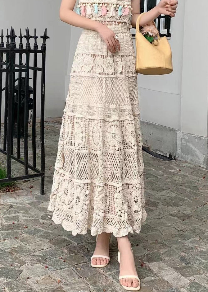 Loose Apricot Hollow Out Elastic Waist Skirts Summer