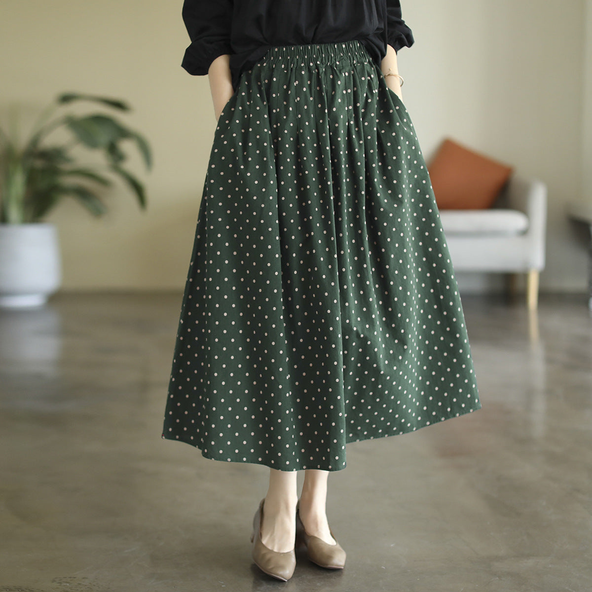 Literary Temperament High Waist Polka Dot Skirt