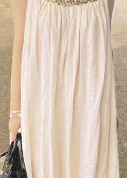 White Sequins Patchwork Cotton Long Dress Sleeveless