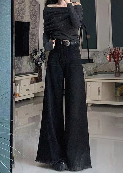 Black Tasseled Pockets Denim Wide Leg Pants Spring