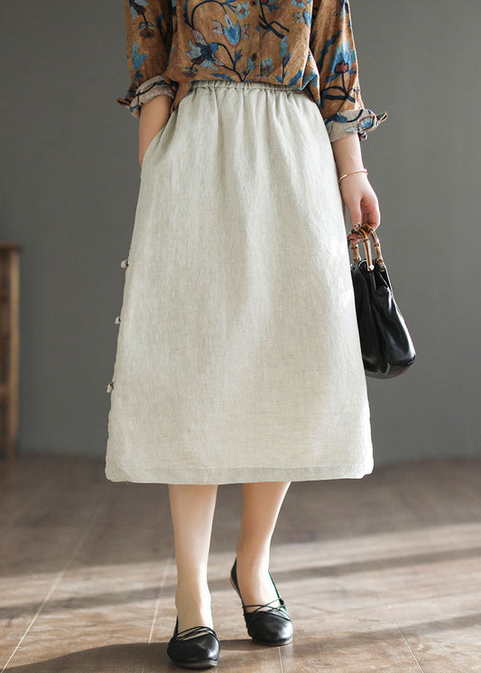 Linen Colour Side Open Linen a Line Skirt High Waist Drawstring Summer