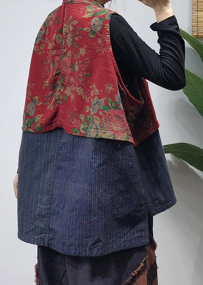 Red Stand Collar Chinese Button Patchwork Print Cotton Vest Sleeveless