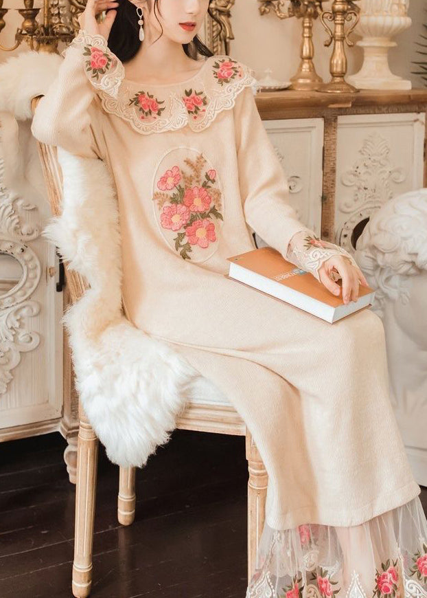 Modern Apricot Embroidered Patchwork Tulle Knit Long Sweater Spring