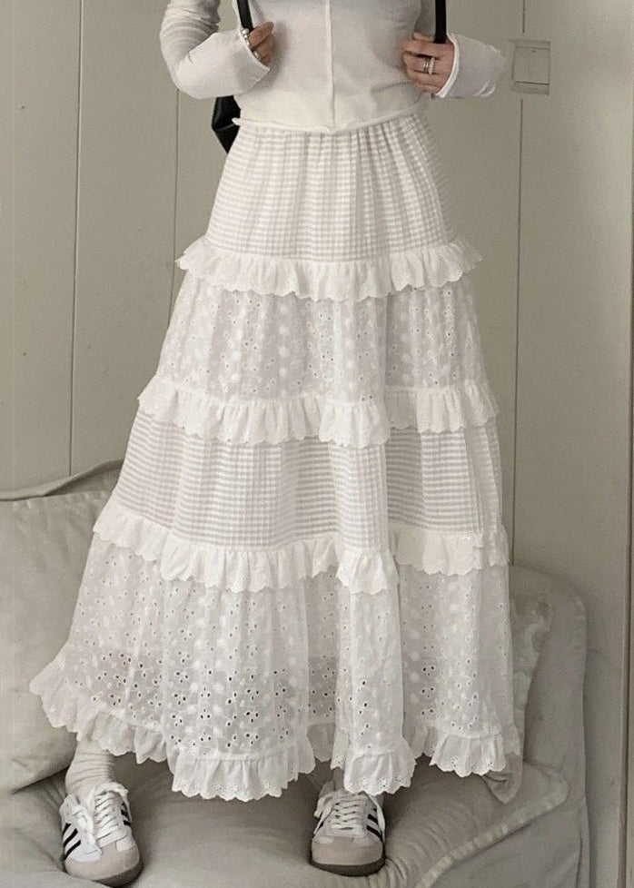 White Ruffled Hollow Out Cotton Skirts Summer