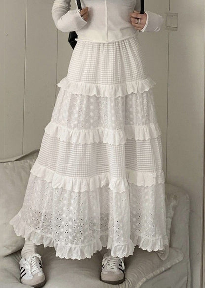 White Ruffled Hollow Out Cotton Skirts Summer