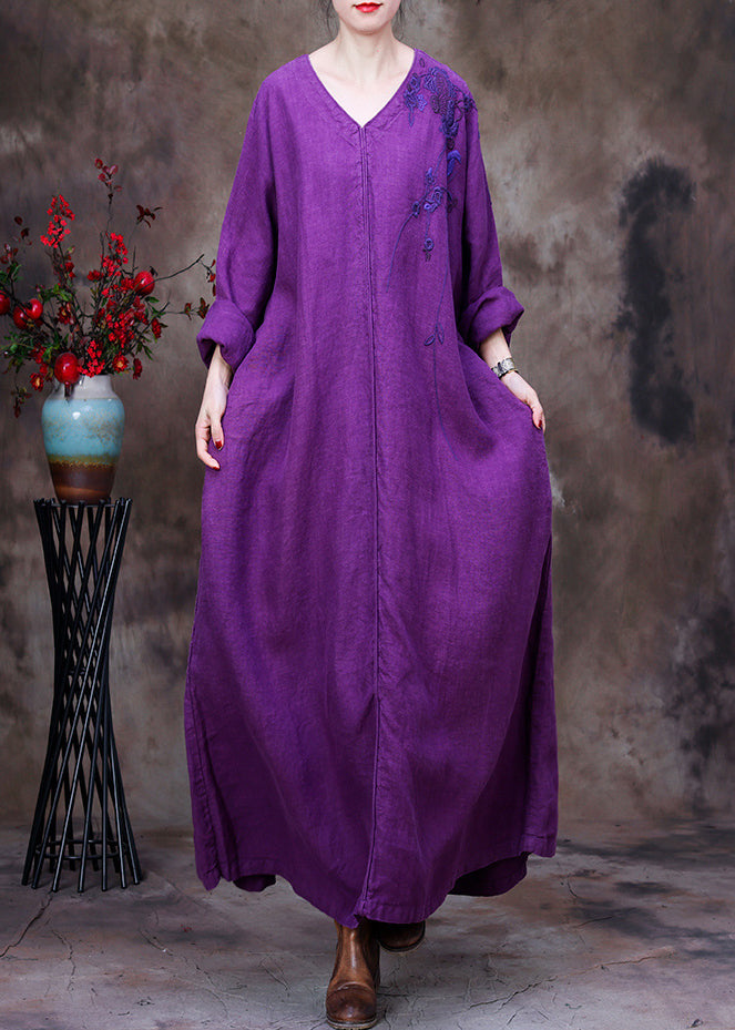 Dark Purple V Neck Printing Linen Dress Long Sleeve
