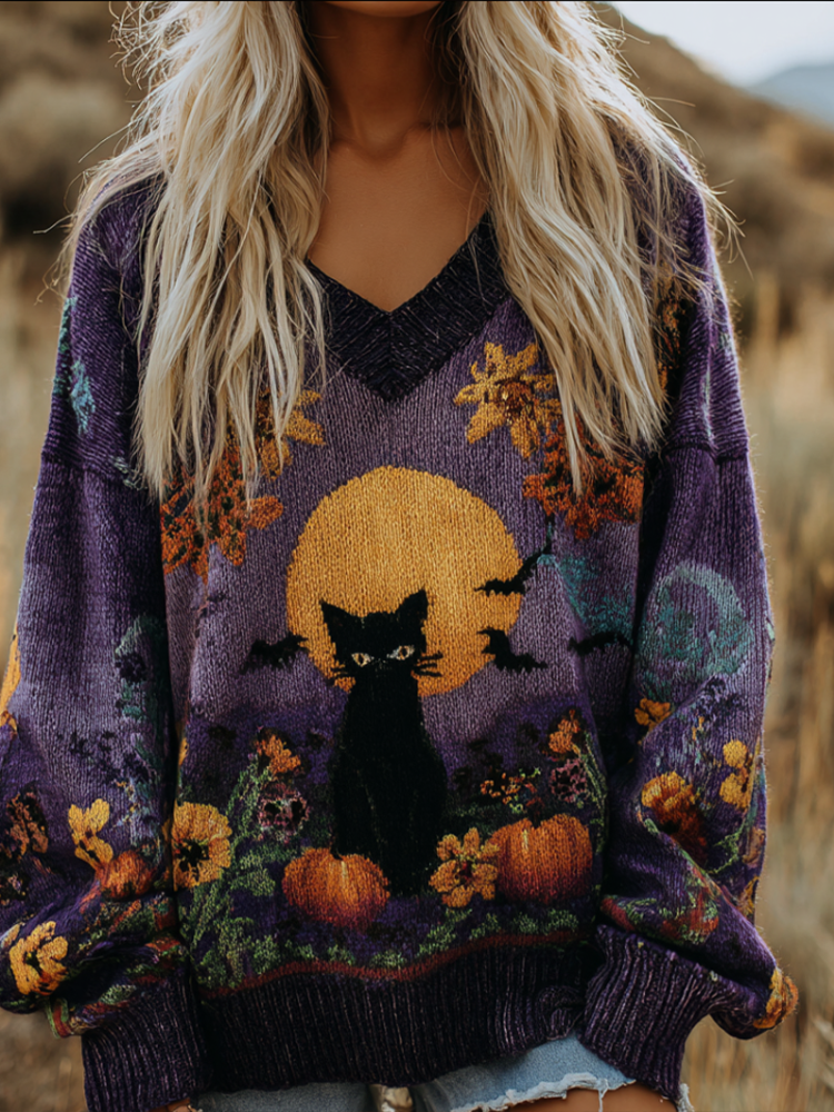 Comstylish Halloween Theme Women's V-neck Knitted Sweater
