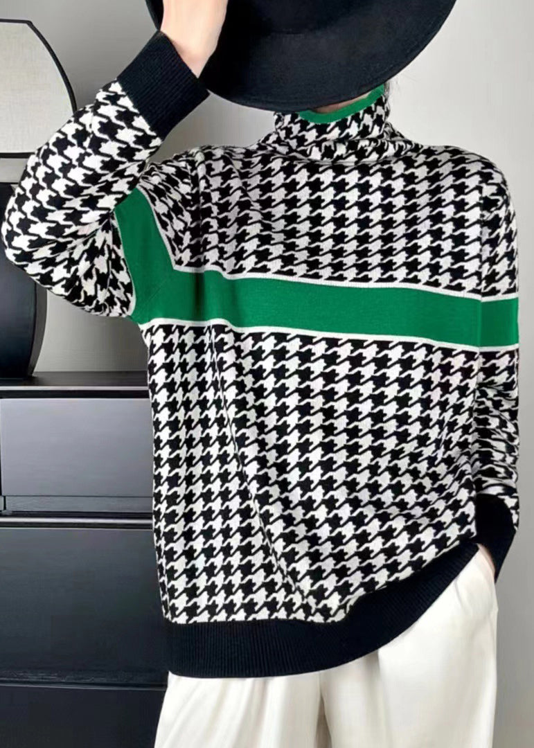 Green Turtleneck Patchwork Cotton Knit Sweaters Fall