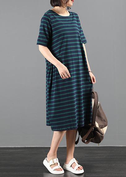Italian Green Striped Outfit O Neck Cinched a Line Summer Dresses