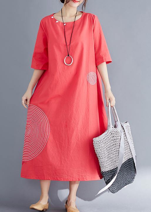 Modern O Neck Embroidery Cotton Tunic Top Work Outfits Red Maxi Dresses Summer