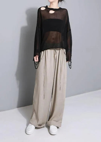 Black Blended Top Silhouette O Neck Short Summer Tops
