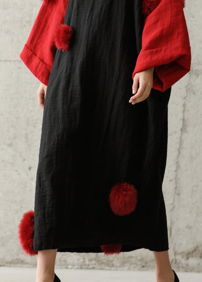 Black Oversized Patchwork Fuzzy Ball Decorated Long Dress Fall