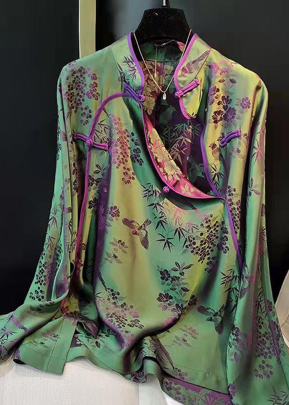 Green Stand Collar Patchwork Jacquard Side Open Silk Shirts Long Sleeved