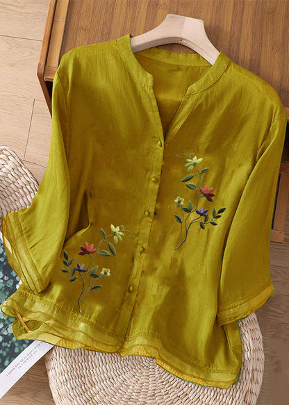 Dark Green Embroideried Button Patchwork Linen Top Bracelet Sleeve