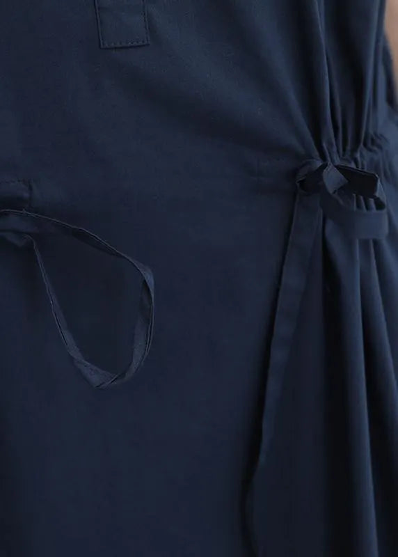 Natural Lapel Drawstring Cotton Clothes Linen Khaki Maxi Dress