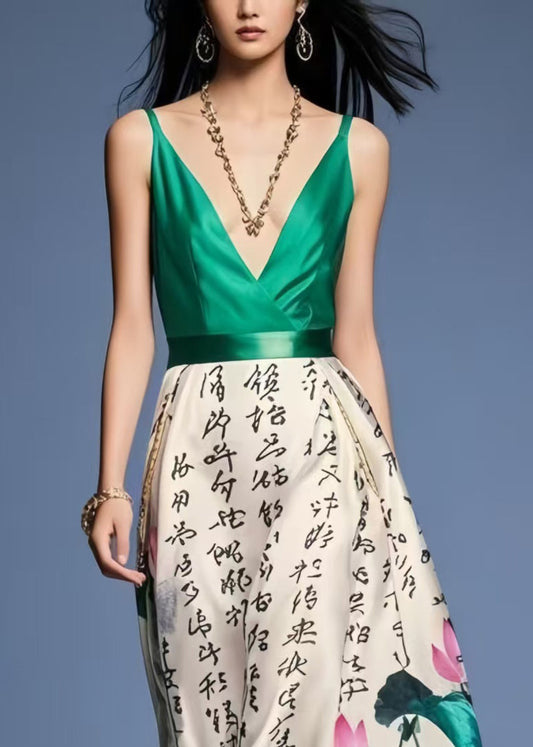 Tea Green Cinched Print Silk Cami Dress Summer