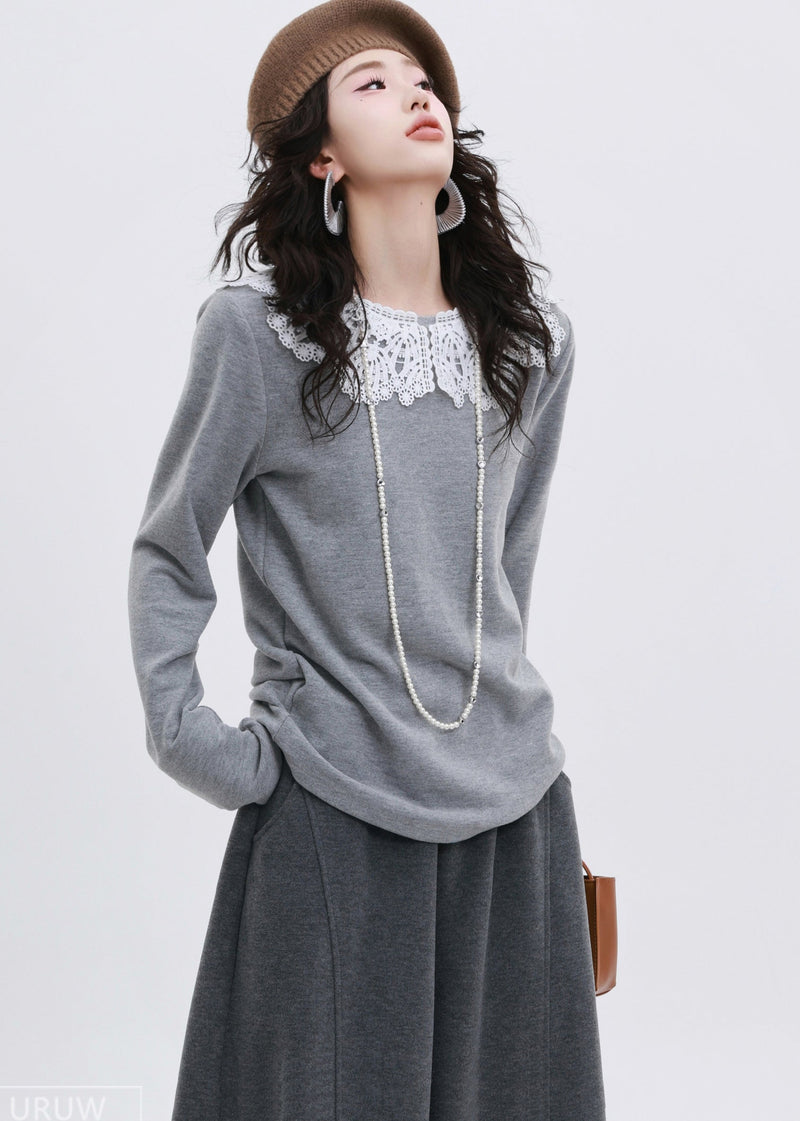 Art Grey O-neck Patchwork Lace Cotton Shirt Spring