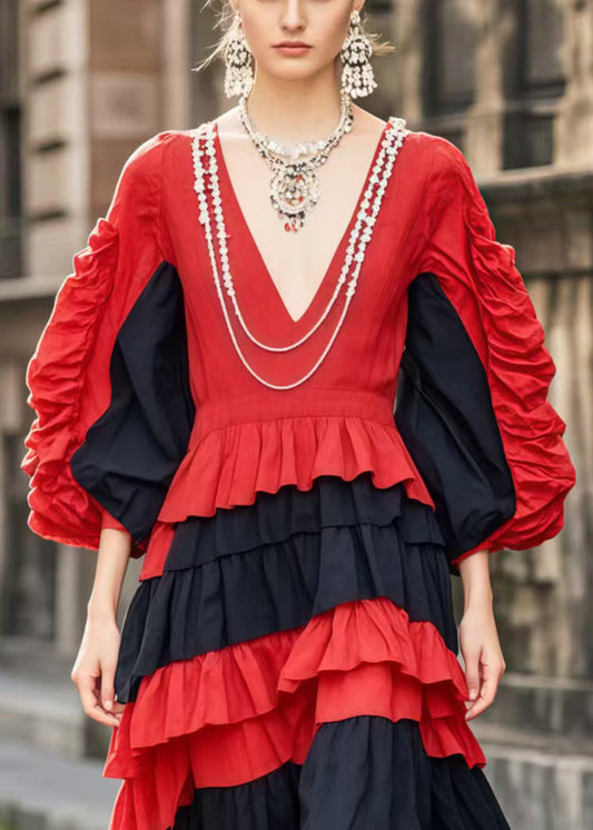 Colorblock V Neck Patchwork Wrinkled Cotton Dress Spring