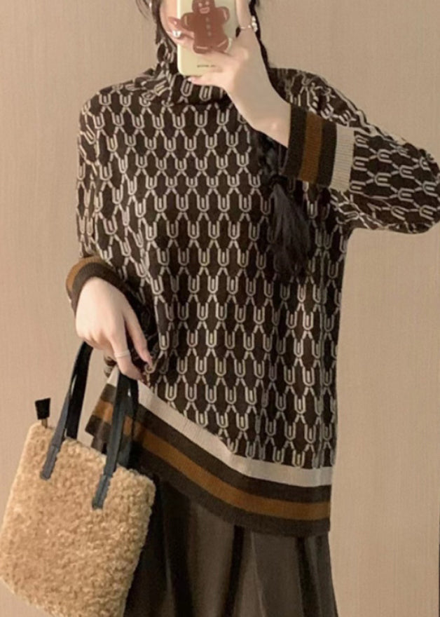 Coffee Striped Print Patchwork Woolen Sweaters Fall