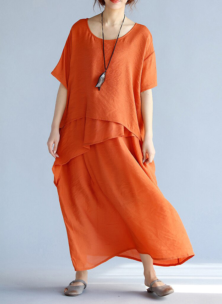 Baggy Gray Long Linen Dresses Oversized Layered Cotton Maxi Dress Short Sleeve Cotton Clothing