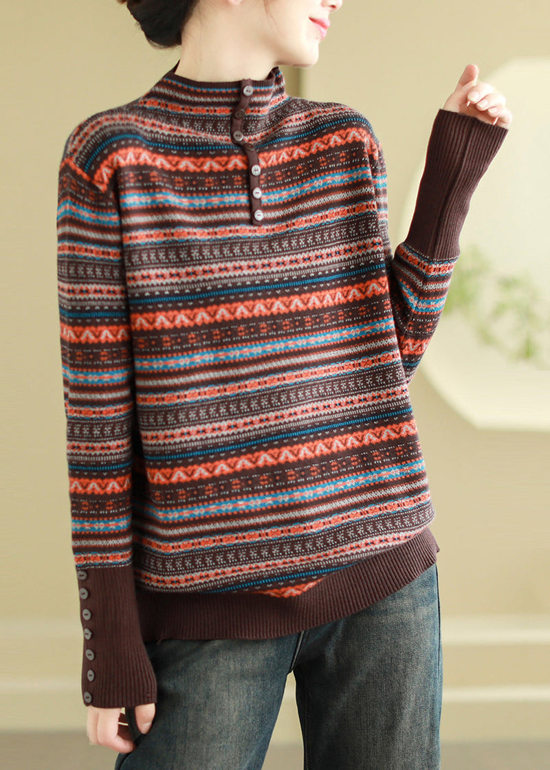 Brown Stand Collar Striped Knit Sweaters Spring