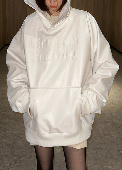 Black Hooded Pockets Faux Leather Neutral Sweatshirt Long Sleeve