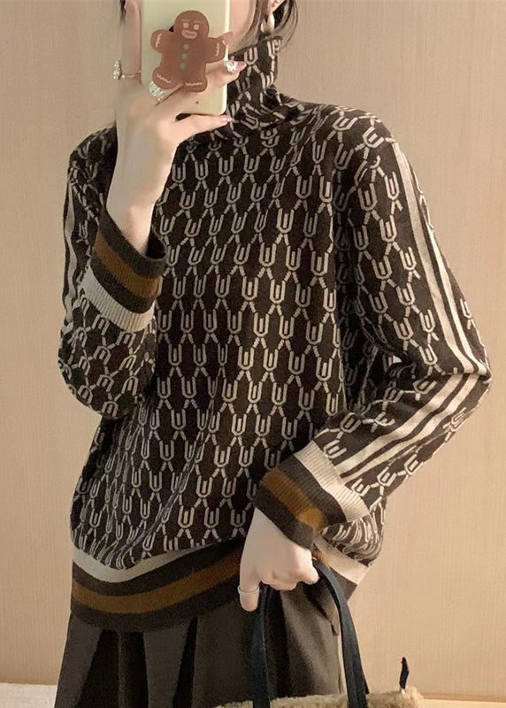 Coffee Striped Print Patchwork Woolen Sweaters Fall