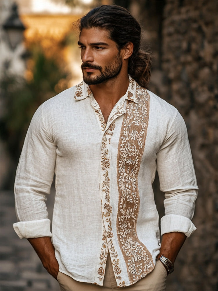 Men's Boho Embroidered Patchwork Linen Shirt elevenforest