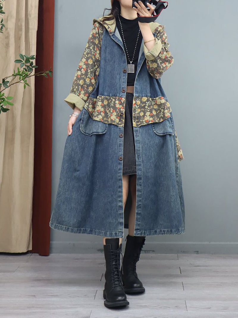 Denim Patchwork Print Hooded Long Coat