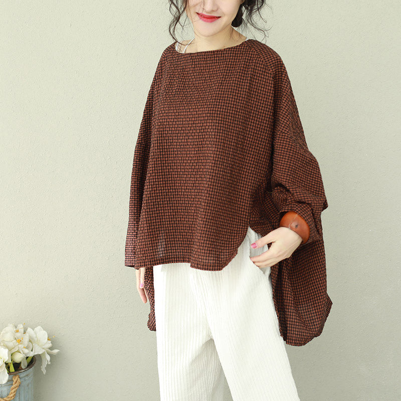 Asymmetric Cotton Fine Work Black Brown Plaid Oversized Tops