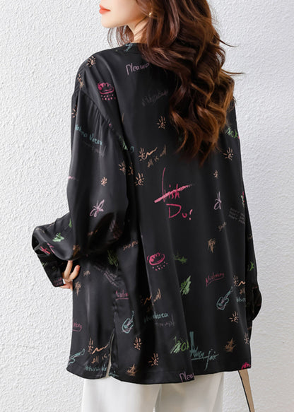 Black Embroidered Print Silk Oriental Blouses Fall