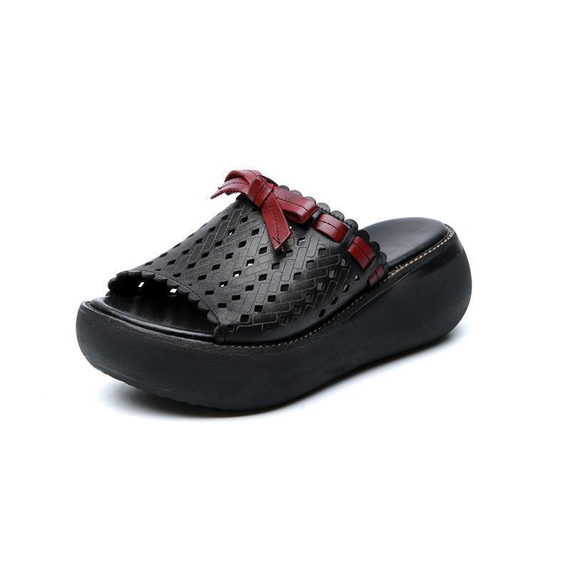 Leather Hollow Out Wedge Slippers
