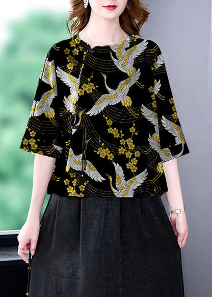 Green O-neck Print Patchwork Top Bracelet Sleeve