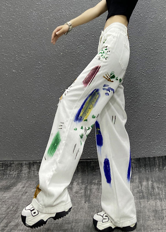 Blue Paintings Pockets High Waist Denim Wide Leg Pants Spring