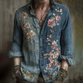 Men's Vintage Japanese Sakura Embroidered Art Long Sleeve Linen Shirt elevenforest