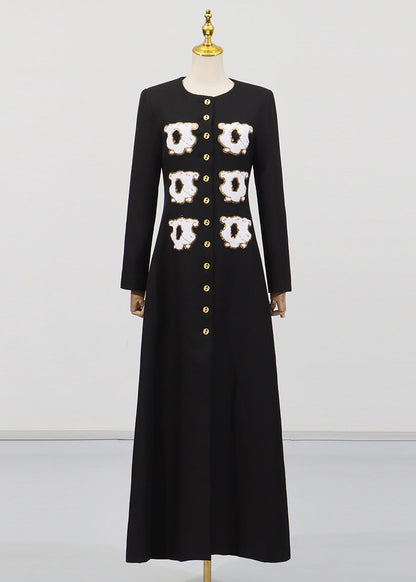 Original Design Black O-neck Sequins Button Long Coat Autumn