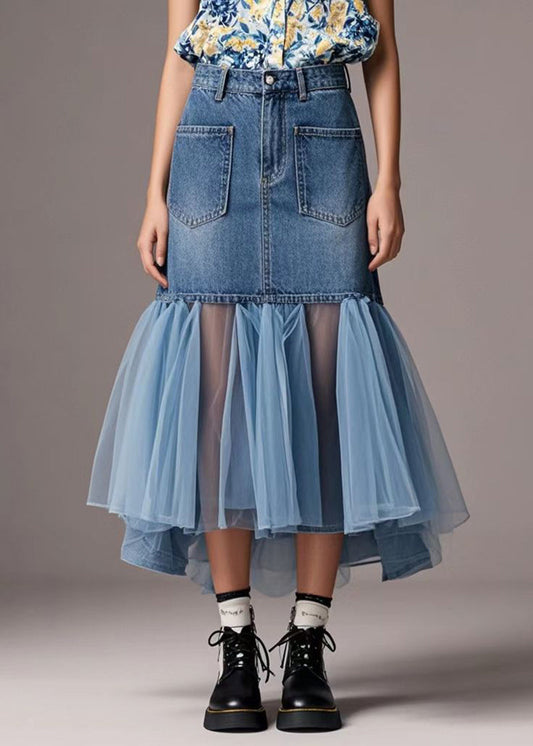 Blue Tulle Patchwork Denim Wraped Skirt Spring