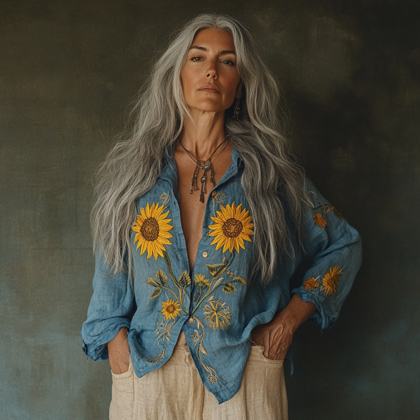 Bohemian Linen Floral With Ukraine Sunflower Art Print Long Sleeve Shirt elevenforest