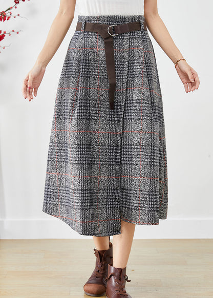Grey Asymmetrical Plaid Woolen a Line Skirts Fall
