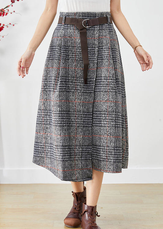 Grey Asymmetrical Plaid Woolen a Line Skirts Fall