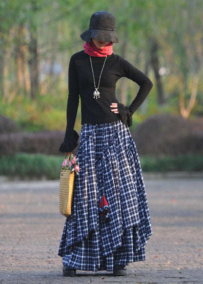 Navy Wrinkled Asymmetrical Plaid Cotton Skirts Spring