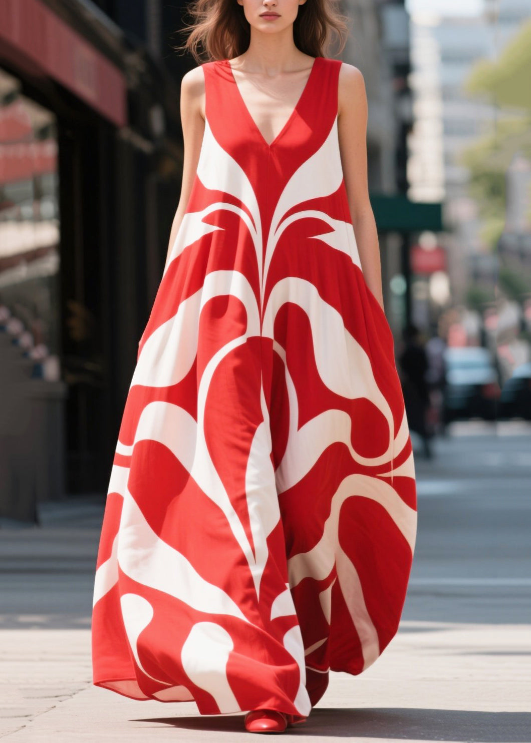 Red Oversized Print Chiffon Holiday Dresses Summer