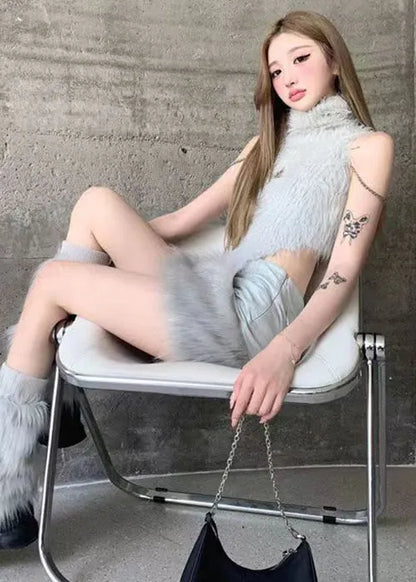 Grey Turtleneck Patchwork Tops and Skirts Knit Two Pieces Set Sleeveless