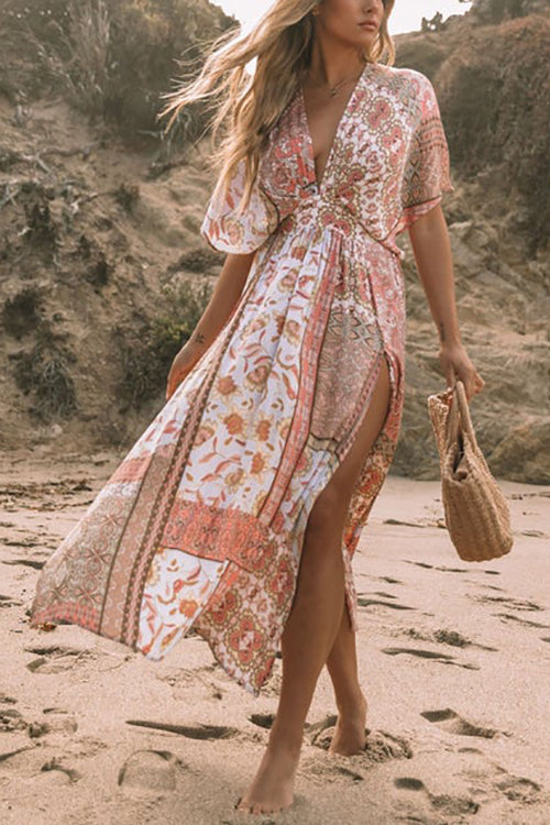 Print Bat Slit Maxi Dress