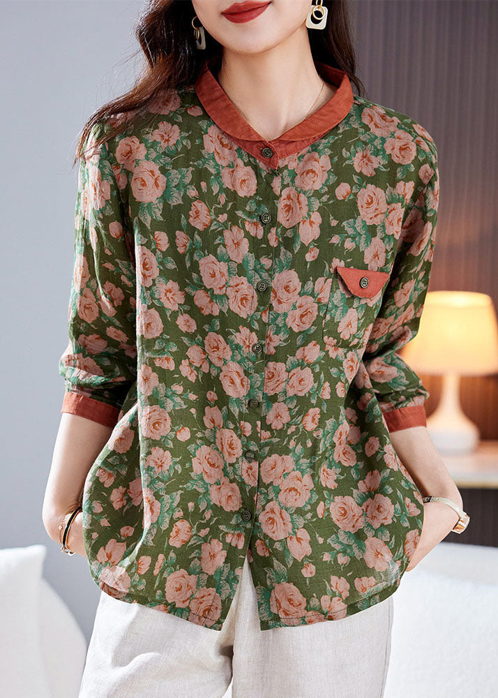 Green Peter Pan Collar Print Patchwork Linen Shirt Top Long Sleeve